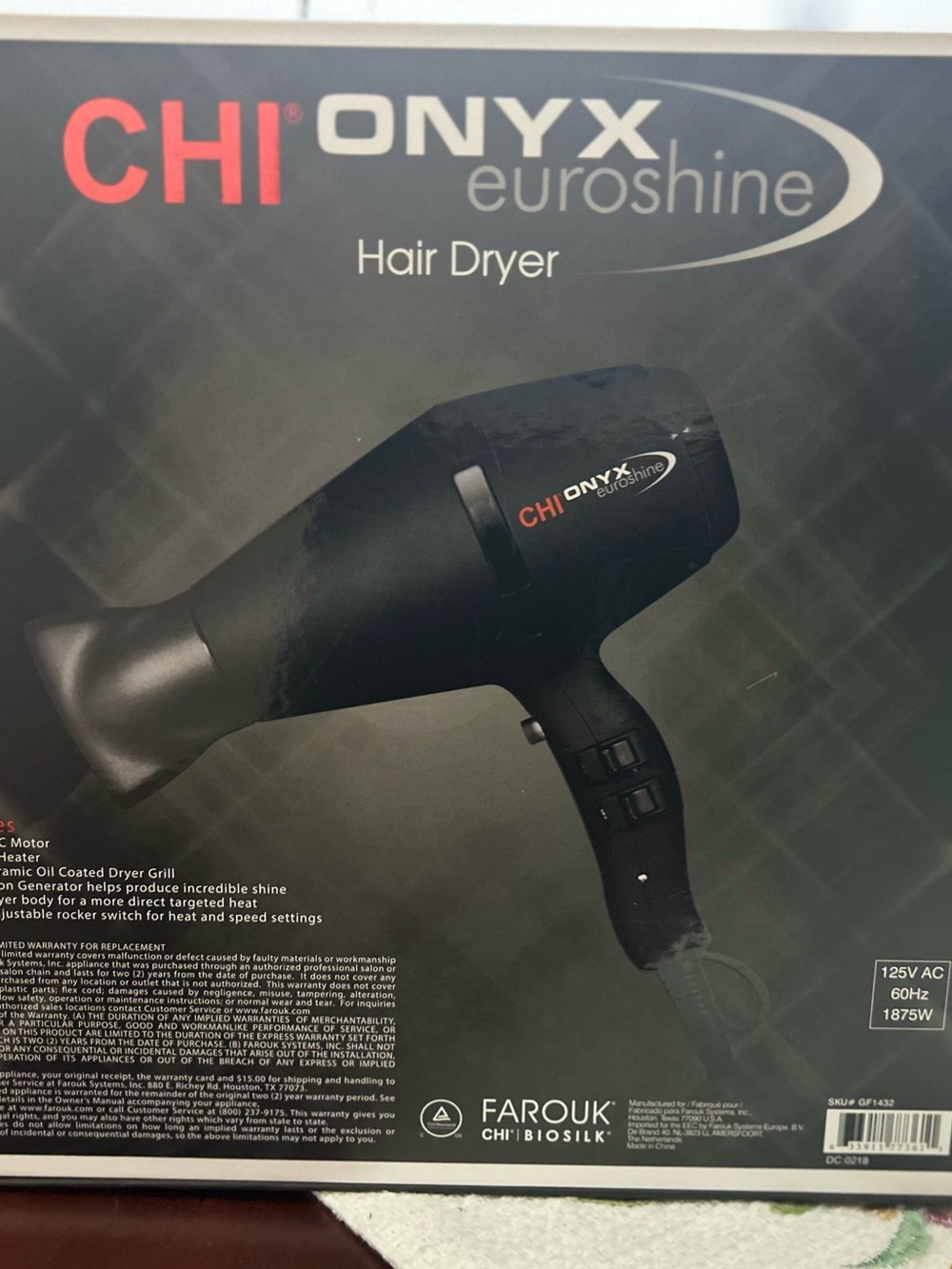 CHI Onyx Euroshine Black Hair Dryer - Professional Ionic Styling